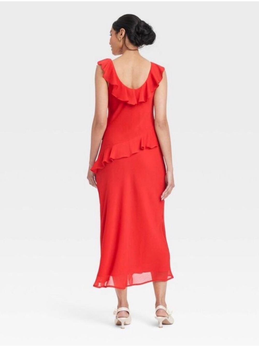 NEW Red Ruffle-Trim Midi Dress Size L - Picture 2 of 4